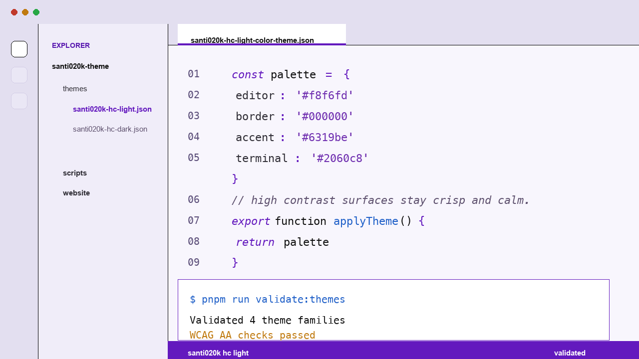 santi020k high contrast light theme applied in VS Code — white surfaces with strong purple structure and clear syntax contrast